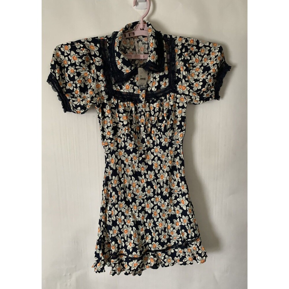 NWT Free People Blue Daisy Print Mini Dress Lace Trim Size XS MSRP $128